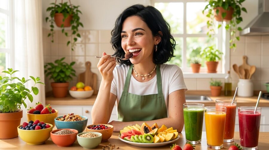 Receitas fit e sucos detox numa cozinha